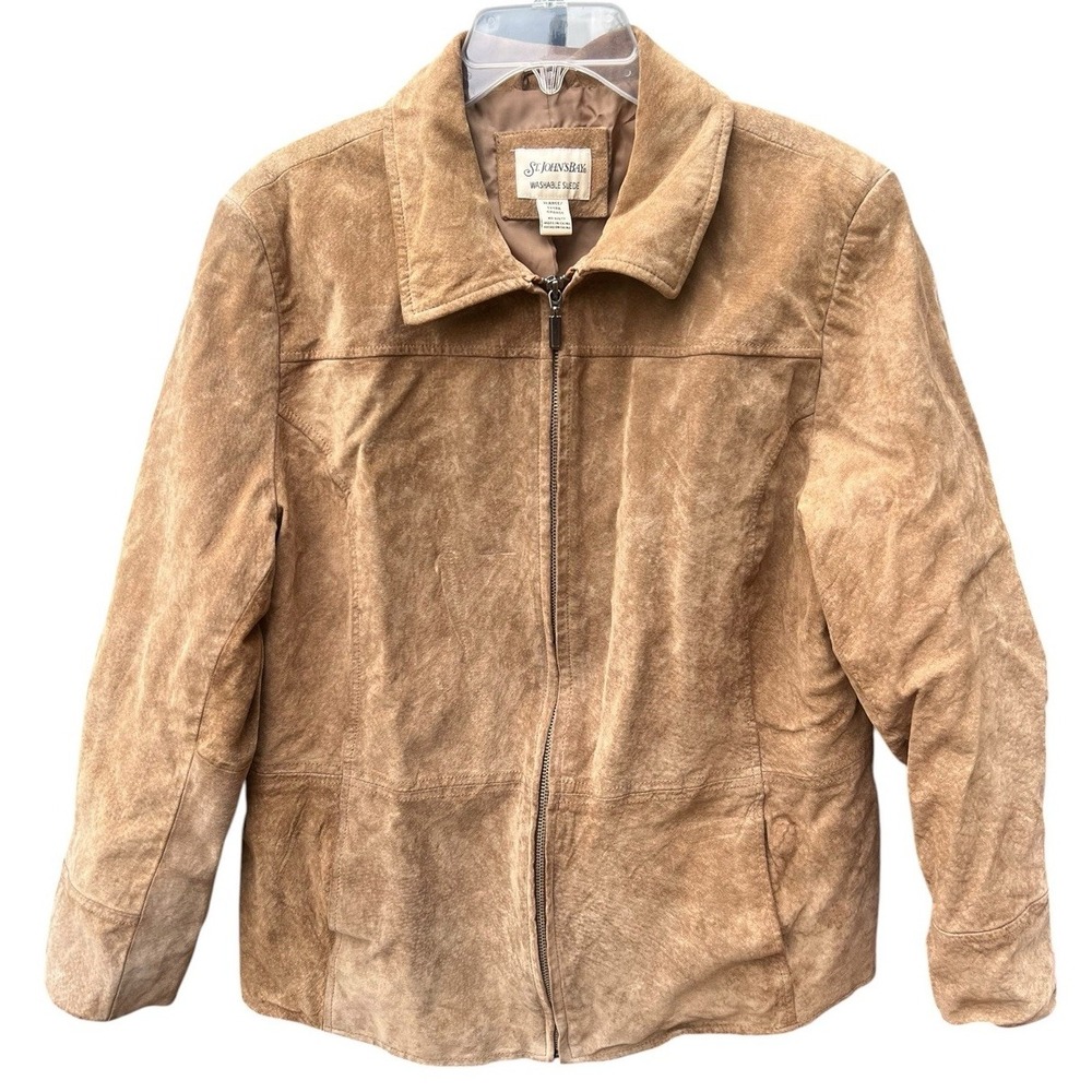 St Johns Bay Womens XL Genuine Washable Suede Leather Jacket Tan Brown Full Zip